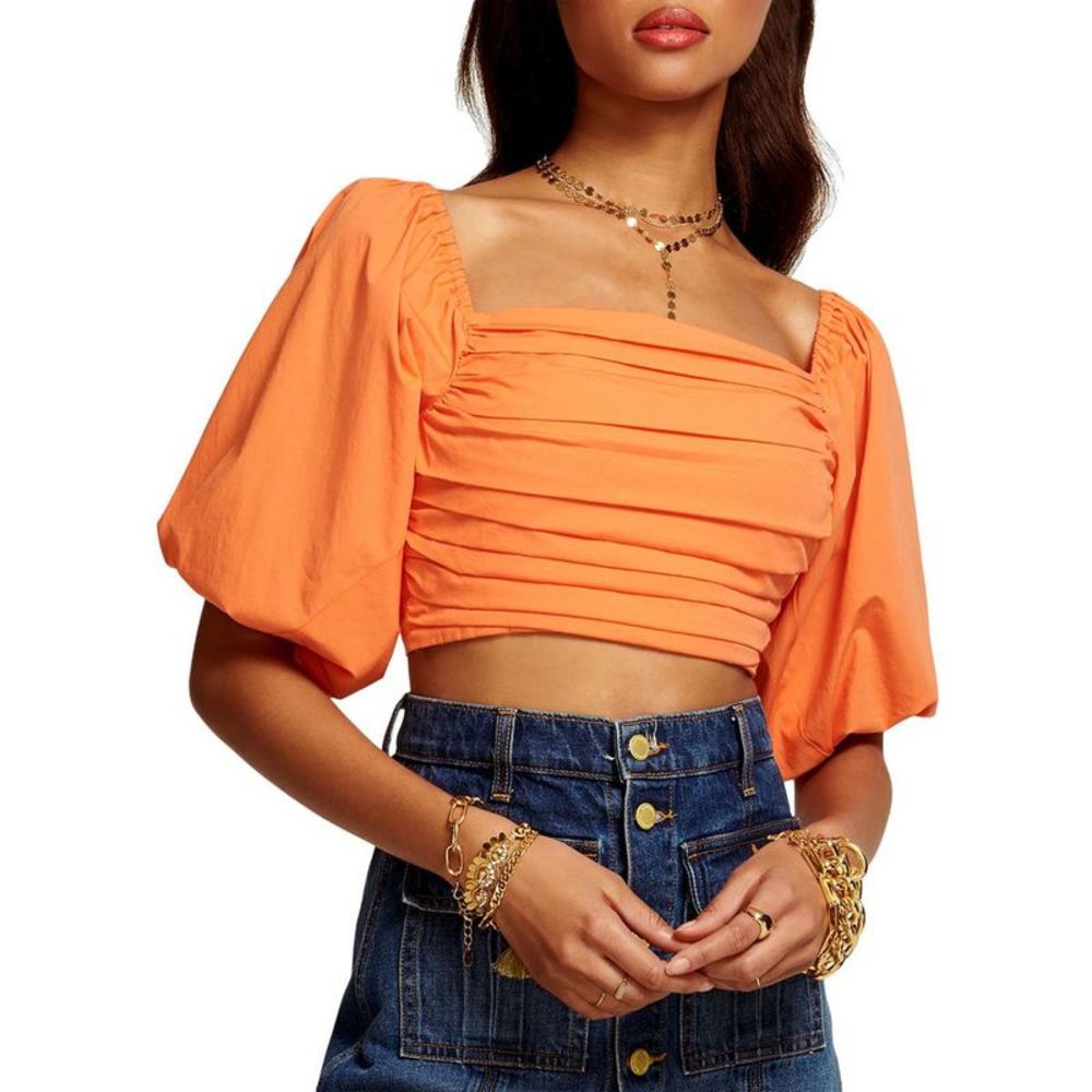 Ramy Brook Orange Puff Sleeve Square Neck Crop Top